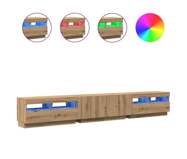Mueble de tv luces led madera roble artisan 260x35x40 cm