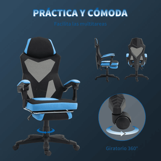 Vinsetto Cadeira de Escritório Ajustável em Altura Cadeira para Secretária Giratória de 360° Reclinável até 135° com Apoio para os Braços e Apoio para os Pés Retrátil 58x72x108-118 cm Azul