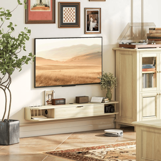 HOMCOM Móvel de TV Suspenso Móvel de TV para Sala com Gaveta Rebatível 2 Prateleiras Abertas Orifício para Cabos Estilo Moderno para Televisão 60 Polegadas 140x24x16 cm Madeira