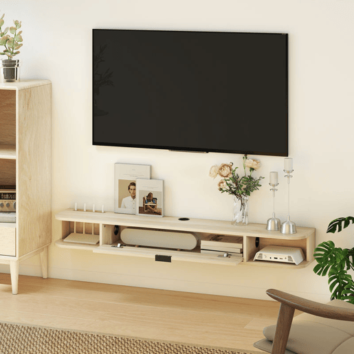HOMCOM Móvel de TV Suspenso Móvel de TV para Sala com Gaveta Rebatível 2 Prateleiras Abertas Orifício para Cabos Estilo Moderno para Televisão 60 Polegadas 140x24x16 cm Madeira
