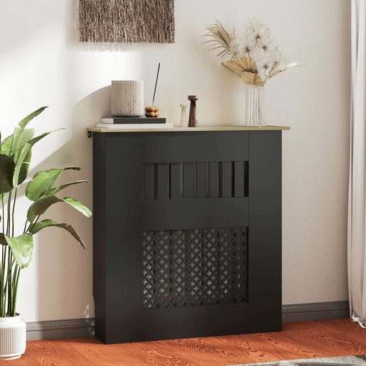 HOMCOM Cobertura para Radiadores Proteção Radiador de MDF 78x19x81 cm Cobertura de Radiador Desenho Moderno de Ripas e Colmeia para Sala Quarto Preto