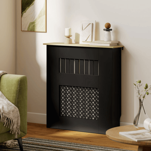 HOMCOM Cobertura para Radiadores Proteção Radiador de MDF 78x19x81 cm Cobertura de Radiador Desenho Moderno de Ripas e Colmeia para Sala Quarto Preto