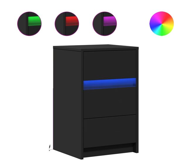 Mesita de noche - mesilla de noche con luces led madera de ingeniería negra