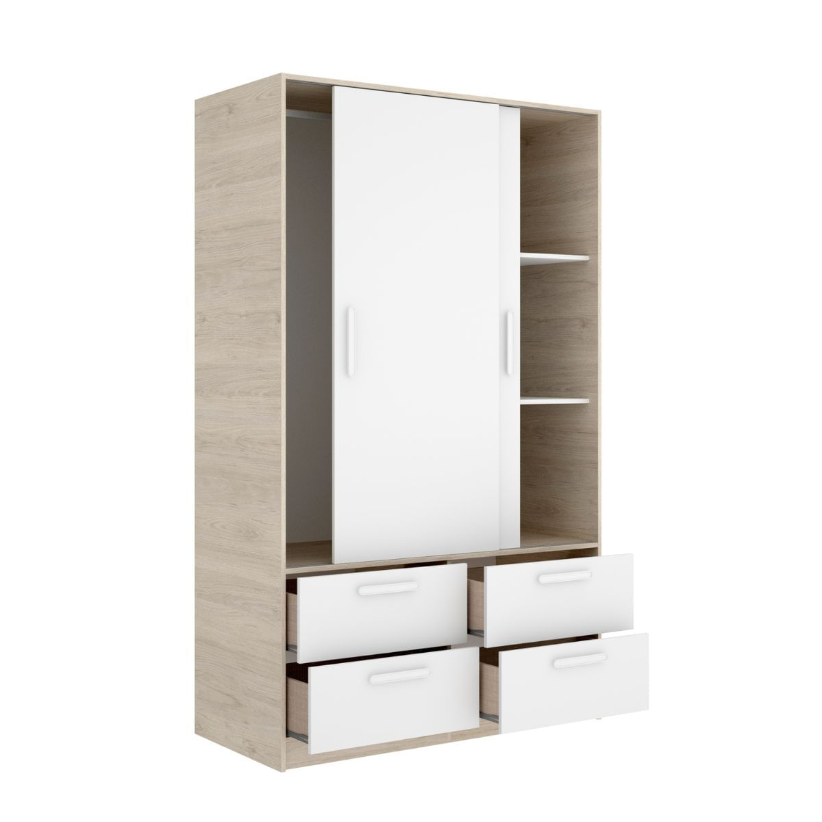 Armario slide 2 puertas correderas + 4 cajones natural/blanco 204x120x60 cm
