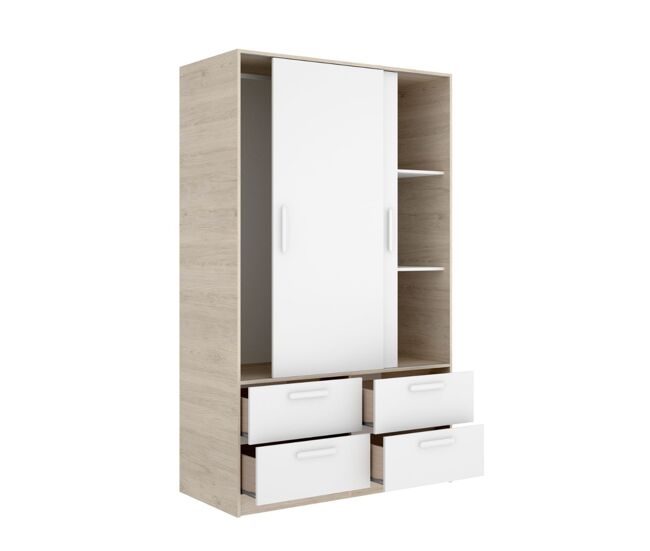 Armario slide 2 puertas correderas + 4 cajones natural/blanco 204x120x60 cm