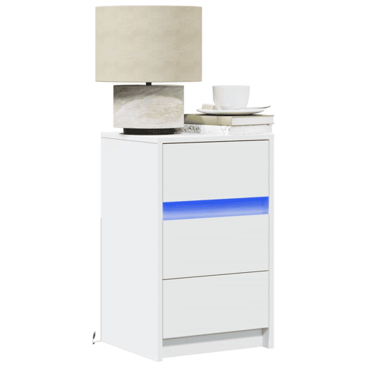 Mesa De Cabeceira - Mesinha De Cabeceira com luzes LED derivados de madeira branco