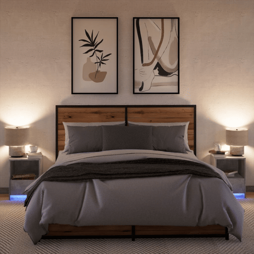 Lote de 2 Mesa De Cabeceira - Mesinha De Cabeceira c LEDs derivados madeira cinza cimento