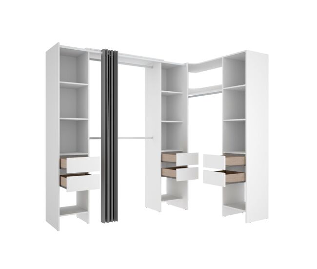 Armario vestidor suit reversible 6 cajones + 3 barras + 3 columnas blanco 205x164-234x141 cm