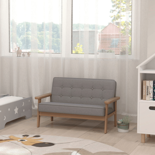 AIYAPLAY Sofá para Crianças de 2 Lugares Poltrona Infantil de Pelúcia Macia com Estrutura de Madeira Assento e Encosto Acolchoados Apoio de Braços para Crianças a partir de 3 Anos 77x42x48 cm Cinzento