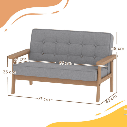 AIYAPLAY Sofá para Crianças de 2 Lugares Poltrona Infantil de Pelúcia Macia com Estrutura de Madeira Assento e Encosto Acolchoados Apoio de Braços para Crianças a partir de 3 Anos 77x42x48 cm Cinzento