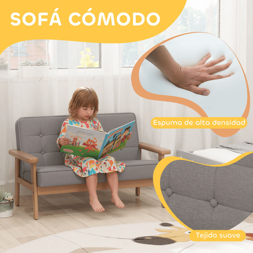 AIYAPLAY Sofá para Crianças de 2 Lugares Poltrona Infantil de Pelúcia Macia com Estrutura de Madeira Assento e Encosto Acolchoados Apoio de Braços para Crianças a partir de 3 Anos 77x42x48 cm Cinzento