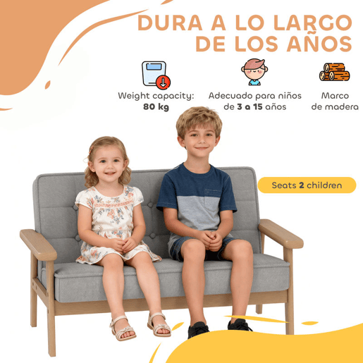 AIYAPLAY Sofá para Crianças de 2 Lugares Poltrona Infantil de Pelúcia Macia com Estrutura de Madeira Assento e Encosto Acolchoados Apoio de Braços para Crianças a partir de 3 Anos 77x42x48 cm Cinzento