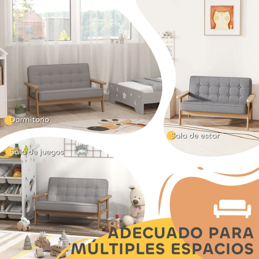 AIYAPLAY Sofá para Crianças de 2 Lugares Poltrona Infantil de Pelúcia Macia com Estrutura de Madeira Assento e Encosto Acolchoados Apoio de Braços para Crianças a partir de 3 Anos 77x42x48 cm Cinzento