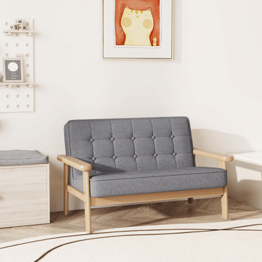 AIYAPLAY Sofá para Crianças de 2 Lugares Poltrona Infantil de Pelúcia Macia com Estrutura de Madeira Assento e Encosto Acolchoados Apoio de Braços para Crianças a partir de 3 Anos 77x42x48 cm Cinzento