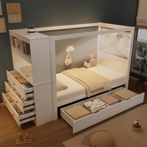 Cama individual 90x200 - Cama infantil com proteção, arrumação com 5 gavetas e rodízios - Branco+Natural