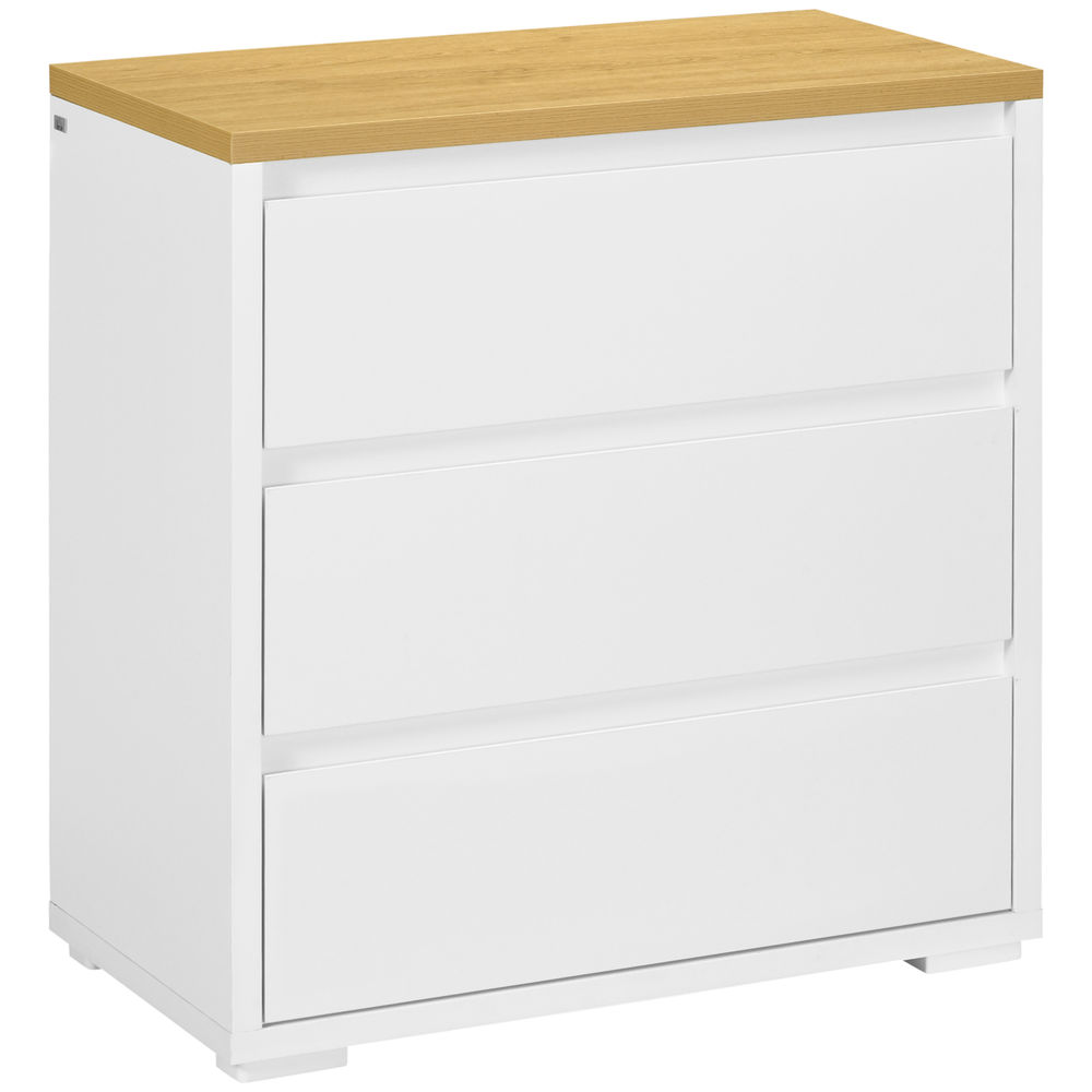 Homcom cómoda 3 cajones, cómoda dormitorio sin tiradores, cajonera para salón, oficina, estilo moderno, 70x37x75 cm, blanco
