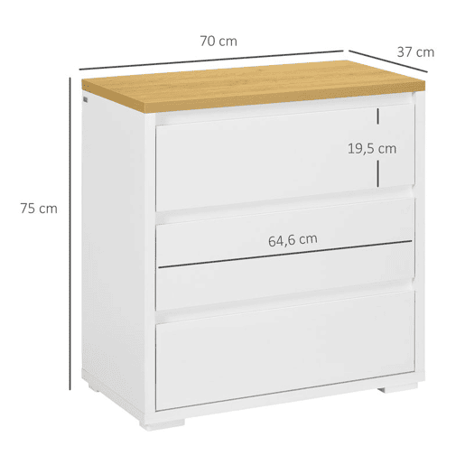 HOMCOM Cómoda Moderna com 3 Gavetas Cómoda de Madeira para Dormitório Sala de Estar Carga Máxima 40 kg 70x37x75 cm Branco e Madeira