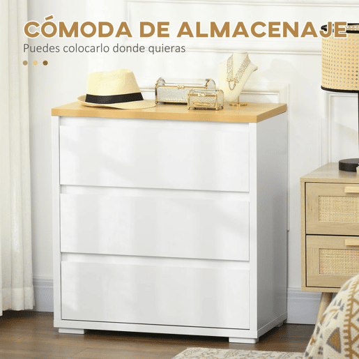 HOMCOM Cómoda Moderna com 3 Gavetas Cómoda de Madeira para Dormitório Sala de Estar Carga Máxima 40 kg 70x37x75 cm Branco e Madeira
