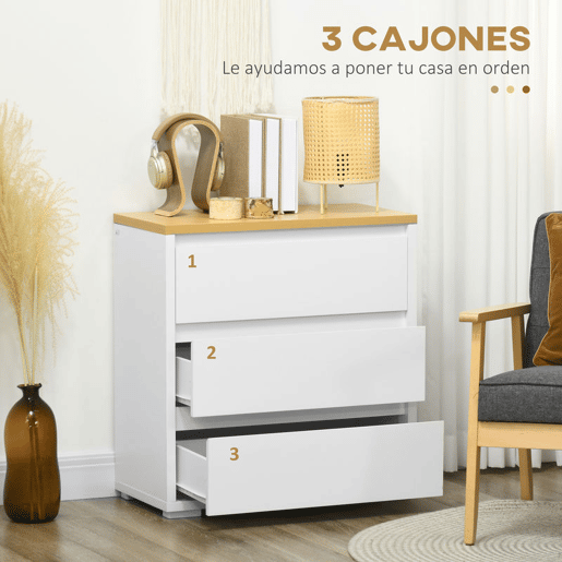 HOMCOM Cómoda Moderna com 3 Gavetas Cómoda de Madeira para Dormitório Sala de Estar Carga Máxima 40 kg 70x37x75 cm Branco e Madeira