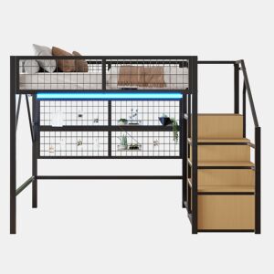 Cama alta metálica 140*200 - Com luz LED controlada por APP, escadas com arrumação e armário aberto - Preto