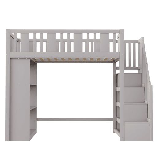 Cama alta 90x200 cm - Cama infantil com escada de arrumação, vários compartimentos, cama funcional, cama juvenil, cama de madeira - Cinza
