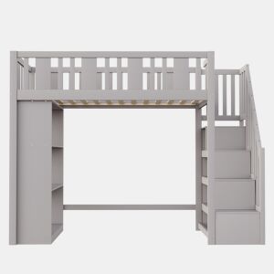 Cama alta 90x200 cm - Cama infantil com escada de arrumação, vários compartimentos, cama funcional, cama juvenil, cama de madeira - Cinza