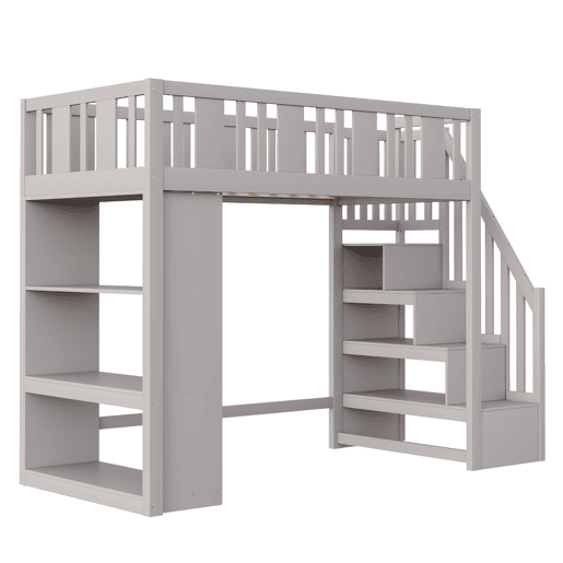 Cama alta 90x200 cm - Cama infantil com escada de arrumação, vários compartimentos, cama funcional, cama juvenil, cama de madeira - Cinza