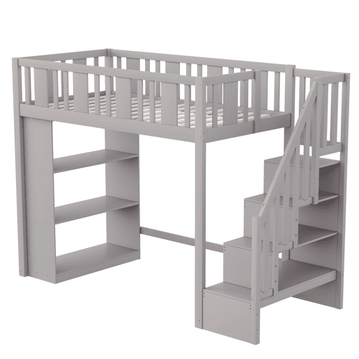 Cama alta 90x200 cm - Cama infantil com escada de arrumação, vários compartimentos, cama funcional, cama juvenil, cama de madeira - Cinza
