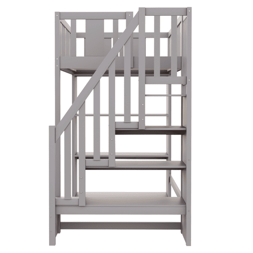 Cama alta 90x200 cm - Cama infantil com escada de arrumação, vários compartimentos, cama funcional, cama juvenil, cama de madeira - Cinza