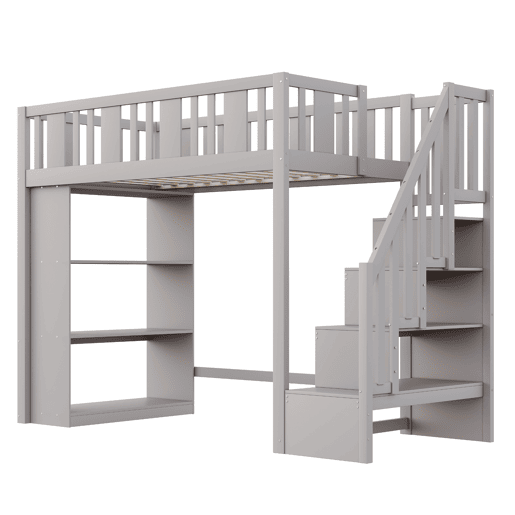 Cama alta 90x200 cm - Cama infantil com escada de arrumação, vários compartimentos, cama funcional, cama juvenil, cama de madeira - Cinza