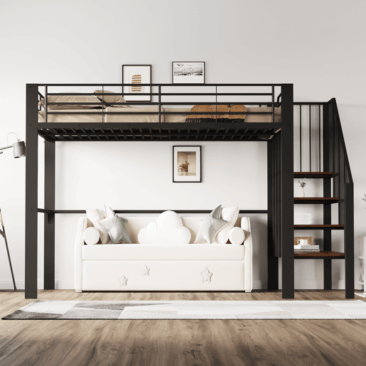Cama alta de metal 140 x 200 cm - estrutura estável com amplo espaço de arrumação debaixo da cama e escada, ideal para crianças e adultos - preto