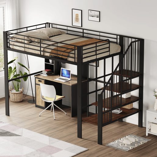 Cama alta de metal 140 x 200 cm - estrutura estável com amplo espaço de arrumação debaixo da cama e escada, ideal para crianças e adultos - preto