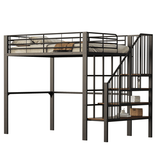 Cama alta de metal 140 x 200 cm - estrutura estável com amplo espaço de arrumação debaixo da cama e escada, ideal para crianças e adultos - preto