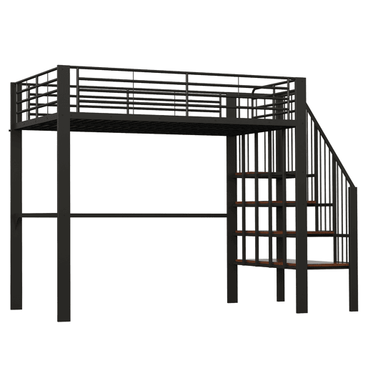 Cama alta de metal 140 x 200 cm - estrutura estável com amplo espaço de arrumação debaixo da cama e escada, ideal para crianças e adultos - preto