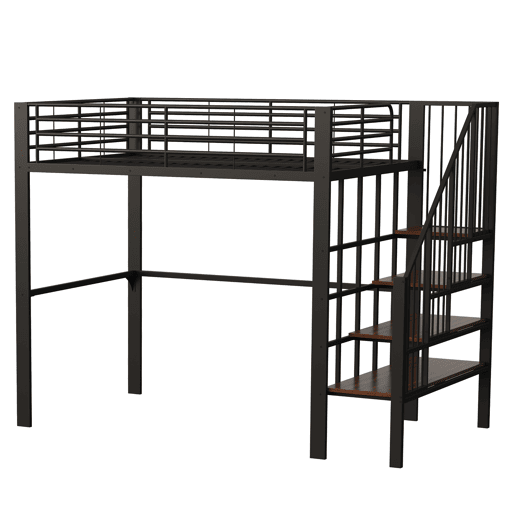 Cama alta de metal 140 x 200 cm - estrutura estável com amplo espaço de arrumação debaixo da cama e escada, ideal para crianças e adultos - preto