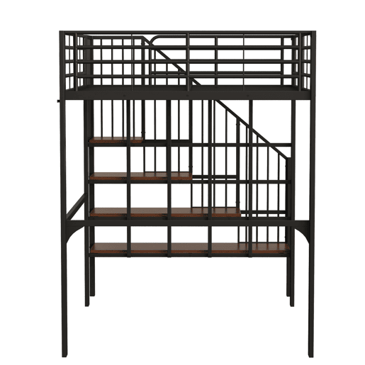 Cama alta de metal 140 x 200 cm - estrutura estável com amplo espaço de arrumação debaixo da cama e escada, ideal para crianças e adultos - preto