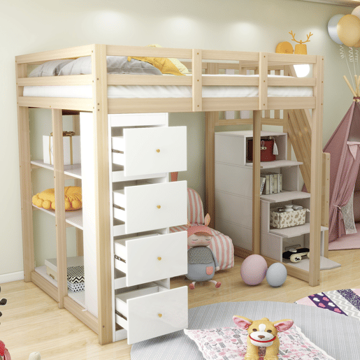 Cama alta 140 x 200 cm - madeira maciça multifuncional com gavetas, cómoda com prateleiras e escada segura - natural