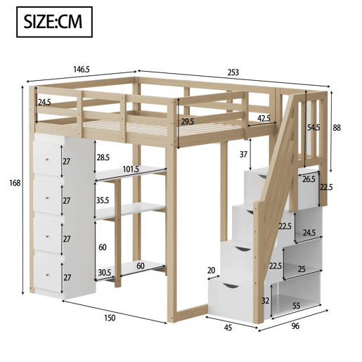 Cama alta 140 x 200 cm - madeira maciça multifuncional com gavetas, cómoda com prateleiras e escada segura - natural
