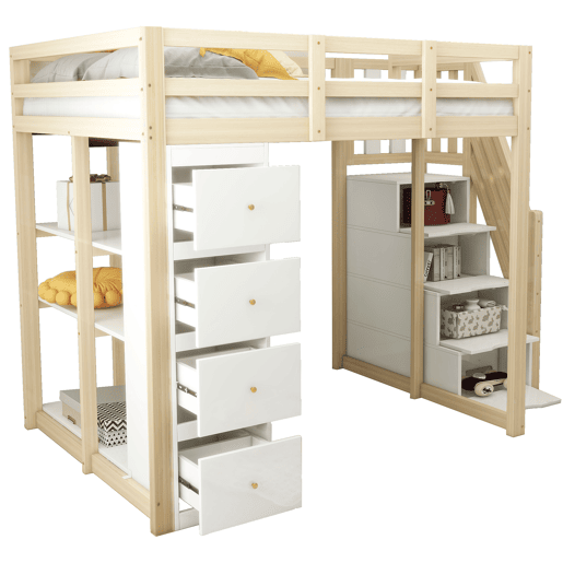 Cama alta 140 x 200 cm - madeira maciça multifuncional com gavetas, cómoda com prateleiras e escada segura - natural
