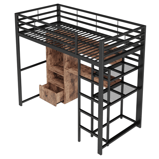 Cama alta 90x200cm - Cama metálica com LED, secretária, 1 gaveta, prateleiras, grade, escada - Preto