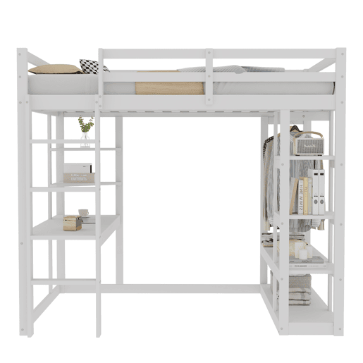 Cama alta com escada 140*200 cm - Com mesa e prateleiras, com cabides simples e arrumação em laminado - Branca