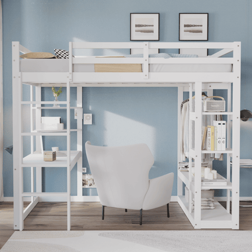 Cama alta com escada 140*200 cm - Com mesa e prateleiras, com cabides simples e arrumação em laminado - Branca