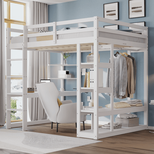 Cama alta com escada 140*200 cm - Com mesa e prateleiras, com cabides simples e arrumação em laminado - Branca