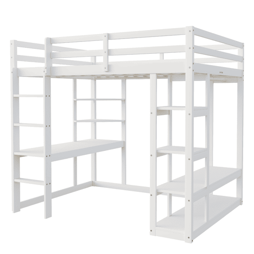 Cama alta com escada 140*200 cm - Com mesa e prateleiras, com cabides simples e arrumação em laminado - Branca