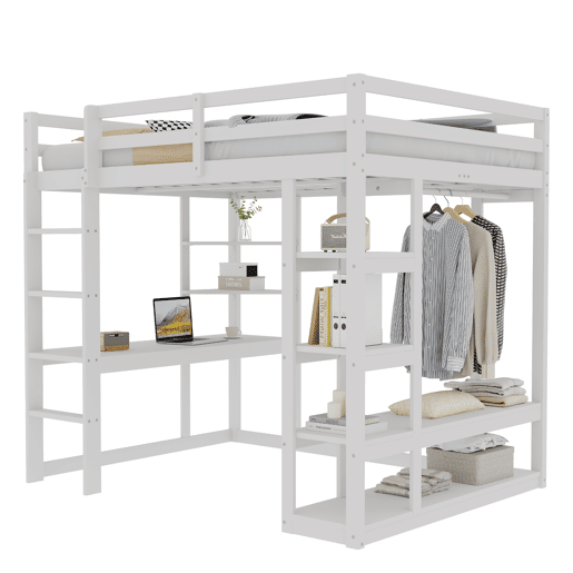 Cama alta com escada 140*200 cm - Com mesa e prateleiras, com cabides simples e arrumação em laminado - Branca