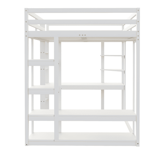 Cama alta com escada 140*200 cm - Com mesa e prateleiras, com cabides simples e arrumação em laminado - Branca
