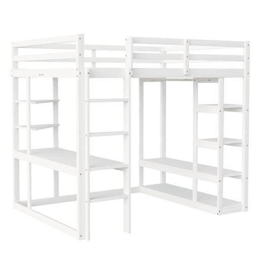 Cama alta com escada 140*200 cm - Com mesa e prateleiras, com cabides simples e arrumação em laminado - Branca
