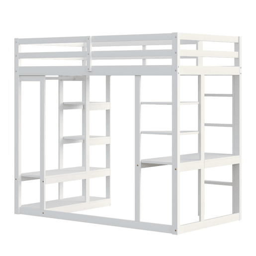 Cama alta com escada 140*200 cm - Com mesa e prateleiras, com cabides simples e arrumação em laminado - Branca