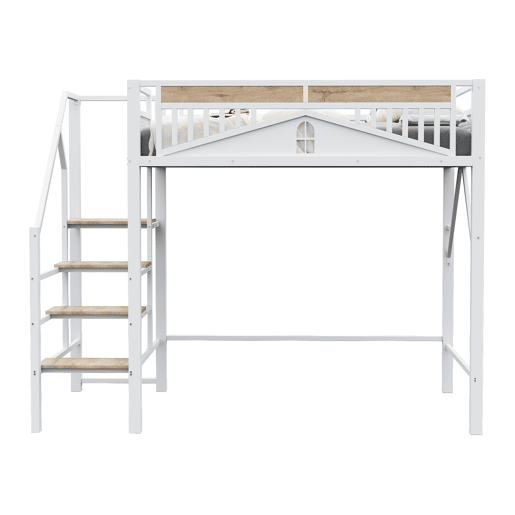 Cama alta metálica 140 x 200 cm - Design exclusivo com janela, escada de segurança e amplo espaço de arrumação debaixo da cama - Branco