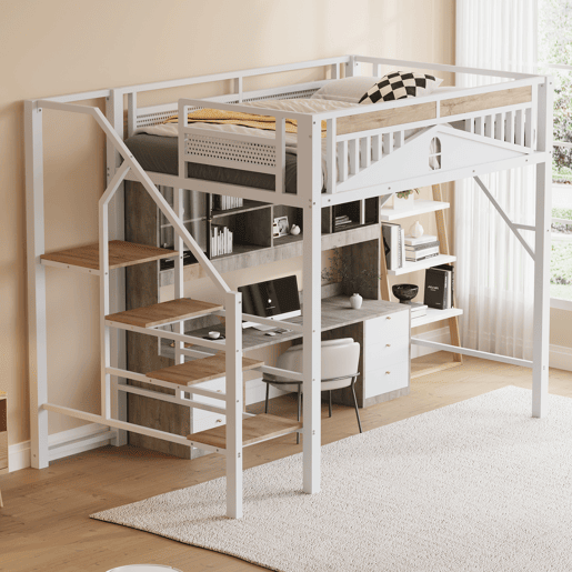 Cama alta metálica 140 x 200 cm - Design exclusivo com janela, escada de segurança e amplo espaço de arrumação debaixo da cama - Branco